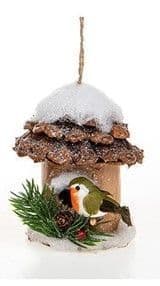 Snowy Pine House with Robin (Left)