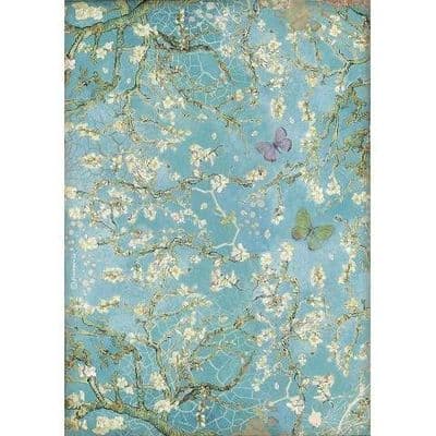 Stamperia A4 Rice Paper Atelier Blossom Blue Background with Butterfly