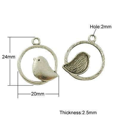 Tibetan Style Charms - Little Bird in Circle - Antique Silver (pack of 4)