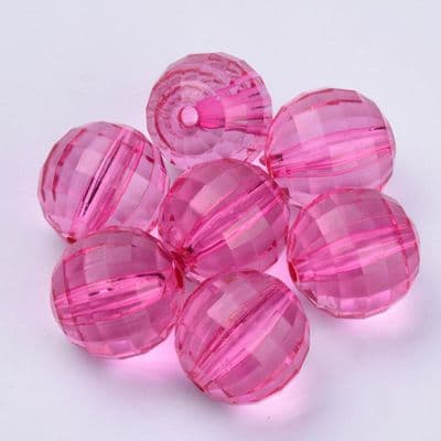 Transparent Acrylic Faceted Round 13.5mm Beads - (10) - Hot Pink