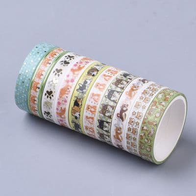 Washi Tapes with Gold - Dogs (8mmx2m - 10 roll set)
