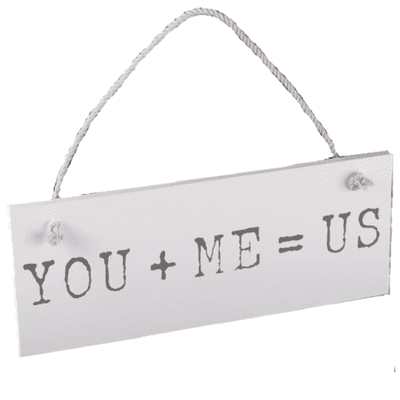 'You + Me = Us' White Hanging Wooden Sign