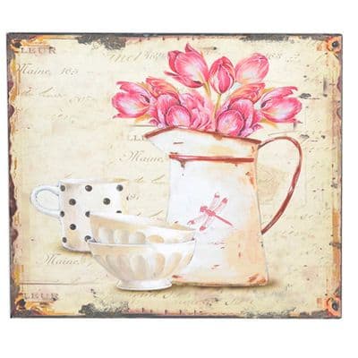 Aged Square Floral Picture Of A Jug of Pink Flowers, a Mug and two Bowls