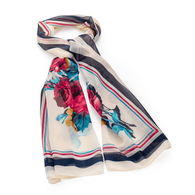 Beige and Blue Tone Floral Design Lightweight Scarf