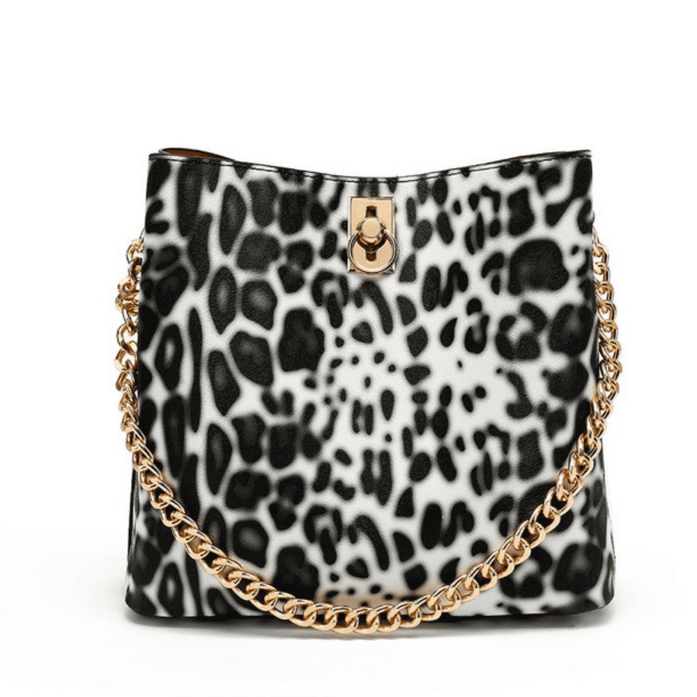 Black and White Leopard Print Shoulder Bag With Chain Strap