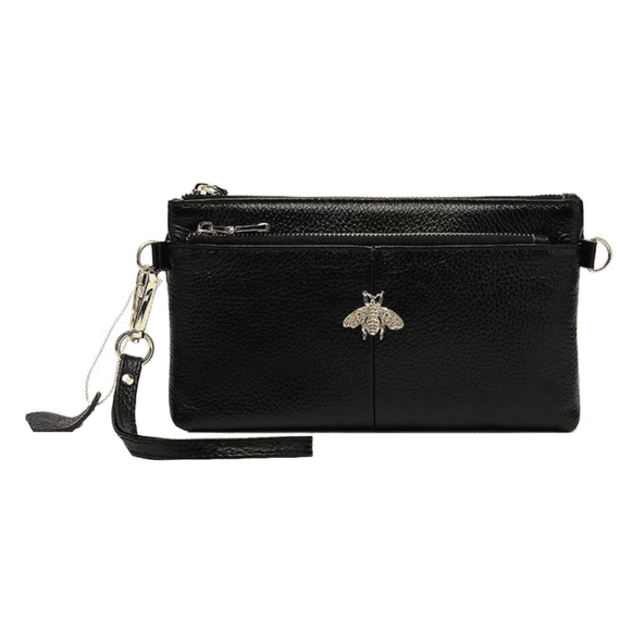 Black Leather Purse With Bumble Bee Embellishment