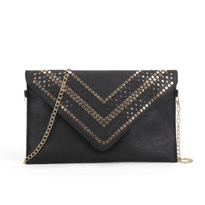 Black Studded Hollow Clutch Bag With Chain Shoulder Strap