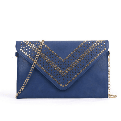 Blue Studded Hollow Clutch Bag with Chain Shoulder Strap