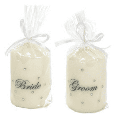 Bride & Groom Wedding Candles with scroll writing and crystals
