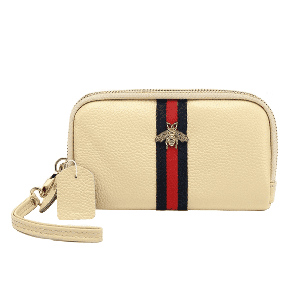 Bumble Bee Design Double Zipped Leather Purse In Cream