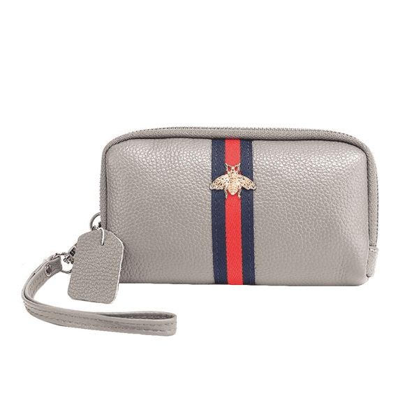 Bumble Bee Design Doubled Zipped Leather Purse in Grey