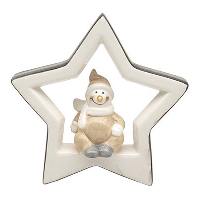 Christmas Snowman Perched On The Ledge Of  A Star Ornament