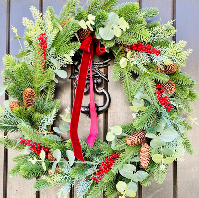 Christmas Wreath In A Traditional Style With Pines, Berries & Pinecones
