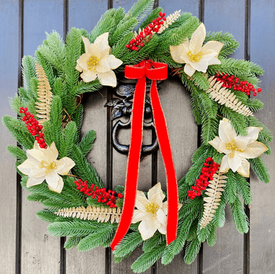 Christmas Wreath With Cream and Gold Poinsettias with Red Berries