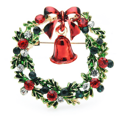 Christmas Wreath With Red Bell Design Costume Jewellery Brooch