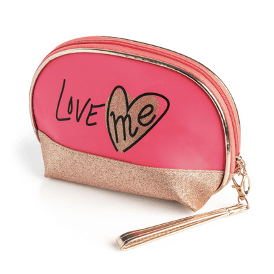 Coral and gold glitter 'love me' cosmetic bag