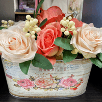 Coral & Cream Roses With Wild Cream Berries in a Metal Planter