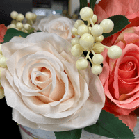 Coral & Cream Roses With Wild Cream Berries in a Metal Planter