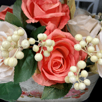 Coral & Cream Roses With Wild Cream Berries in a Metal Planter