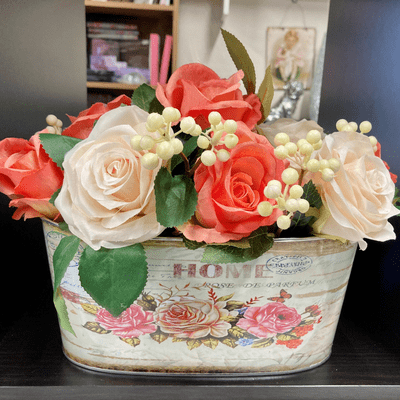 Coral & Cream Roses With Wild Cream Berries in a Metal Planter