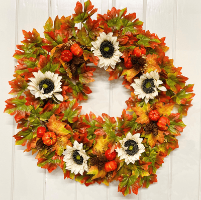 Cream Sunflowers & Pumpkins Autumn Door Wreath