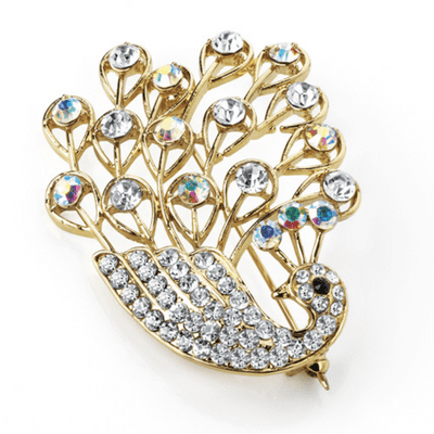 Crystal Peacock Brooch in a gold colour decorated with AB Crystals