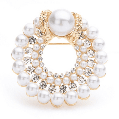 Crystals and Faux Pearls Circle Design Brooch