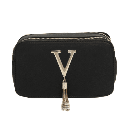 Designer Inspired Black Camera Handbag With Gold Tassel Detail