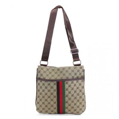 Designer Inspired Crossbody Handbag in Beige with Red & Green Stripes
