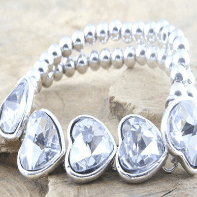 Double Row Elasticated Bead Bracelet with five facetted Heart shape stones