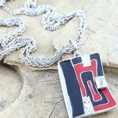 Enamel Pink, Navy & Silver Pendant presented on a double foxtail chain
