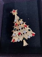 Festive Gold Tone and Crystal Christmas Tree Costume Brooch