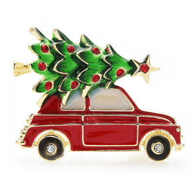Festive Red Car Brooch with a large Christmas Tree on its roof