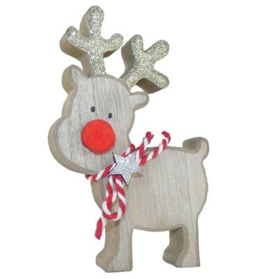 Free Standing Wooden Reindeer With A Red Pom Pom Nose