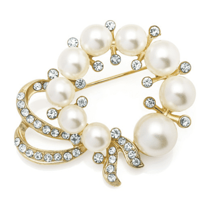 Gold Colour Crystal & Faux Cream Pearls Brooch