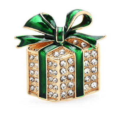 Green Christmas Present Design Faux Crystal Design Brooch