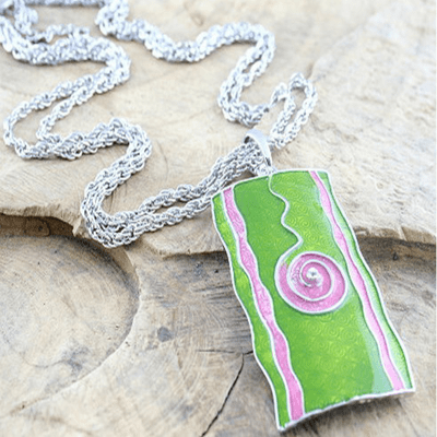 Green Oblong Enamel Necklace presented on a double fox tail chain