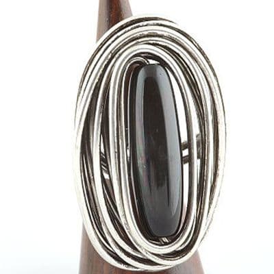 Handmade Twisted Wire Design Ring, with a large Black Glass Stone