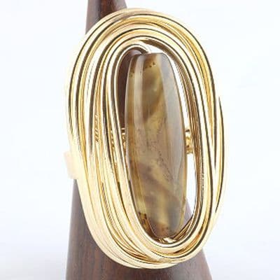 Handmade Twisted Wire Ring in a Gilt Tone with large Glass Bead