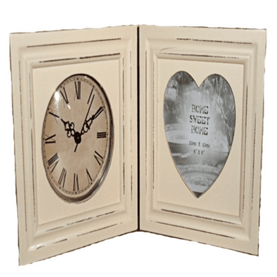 Home Sweet Home Shabby Chic Cream Clock and Cream Cut Out Heart Photo Frame