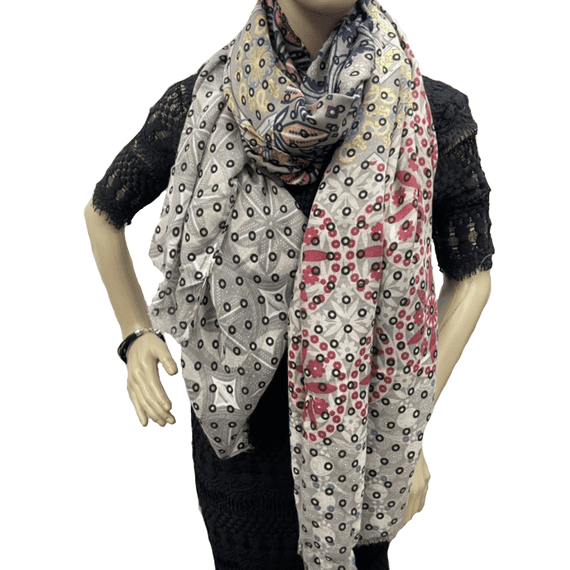 Khaki Coloured Floral And Circle Design Lightweight Scarf