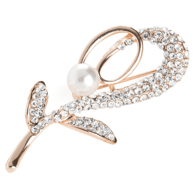 Leaf Design Brooch finished Crystals and a Faux Pearl