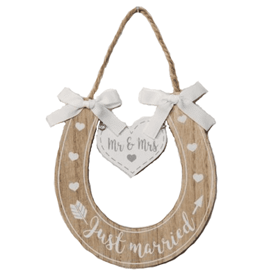 Love Story Just Married Wooden Horseshoe Sign