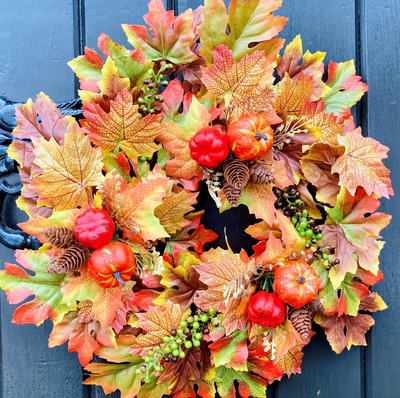 Mini Maple Leaf Welcome Door Wreath with Pumpkins, Pinecones and Green Berries
