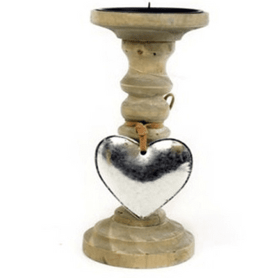 Natural Tall Wooden Candle Stick with Hanging Silver Heart Decoration