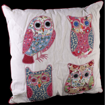 Owl Design Fabric Square Cushion, image is of four cute patchwork owls