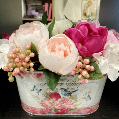 Peony, Berries & Blossom Arrangement in a Metal Planter