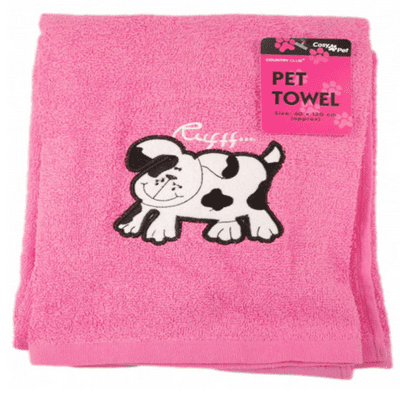 Pet's Towel in Pink with an image of a dog motif's and writing saying 'Ruff'