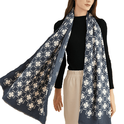 Petal Blossom Design Cashmere Scarf in Blue