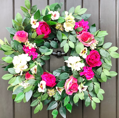 Pink Faux Roses, Hydrangea and cream Berries Door Wreath